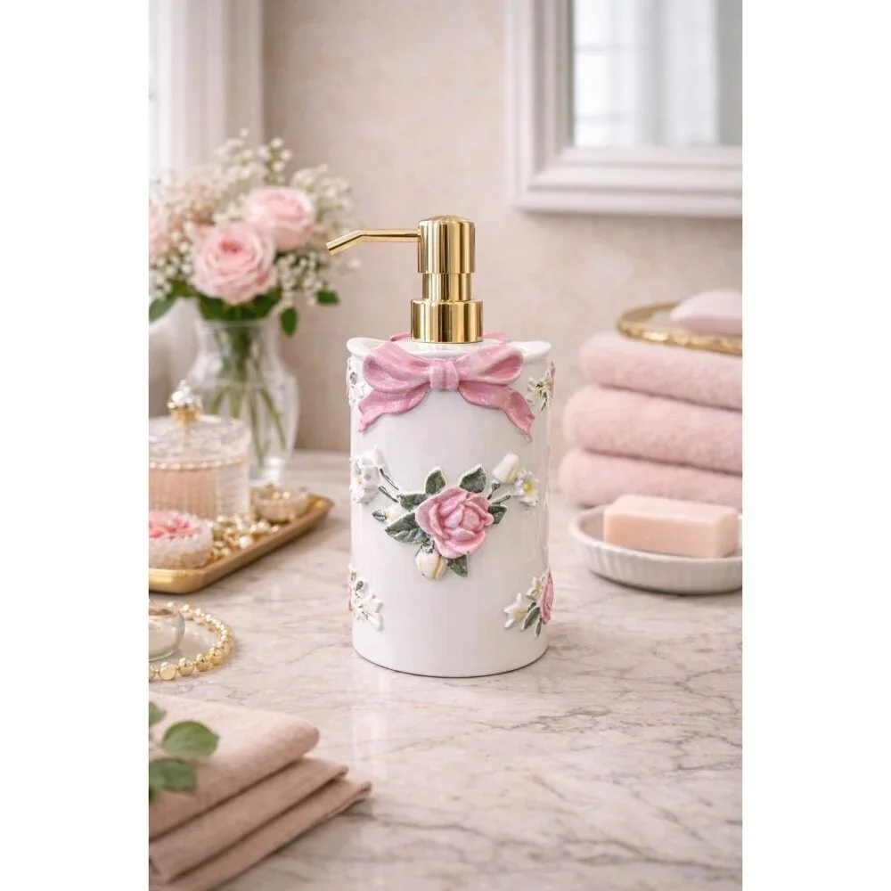 New Girly Victorian Soap Dispenser White & Pink W/ Roses Bathroon Vanity Decor